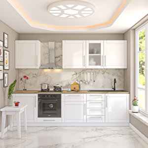 Dekorex Pia Beyaz Serisi 285 Cm Beyaz Fırın Modüllü Meşe Tezgahlı Hazır Mutfak Pb-285dav-mt