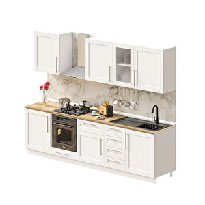 Dekorex Pia Beyaz Serisi 285 Cm Beyaz Fırın Modüllü Meşe Tezgahlı Hazır Mutfak Pb-285dav-mt