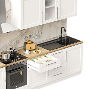 Dekorex Pia Beyaz Serisi 285 Cm Beyaz Fırın Modüllü Meşe Tezgahlı Hazır Mutfak Pb-285dav-mt