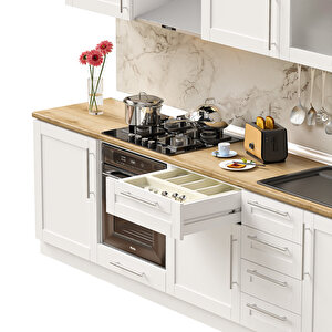 Dekorex Pia Beyaz Serisi 285 Cm Beyaz Fırın Modüllü Meşe Tezgahlı Hazır Mutfak Pb-285dav-mt