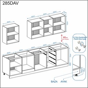 Dekorex Pia Beyaz Serisi 285 Cm Beyaz Fırın Modüllü Meşe Tezgahlı Hazır Mutfak Pb-285dav-mt
