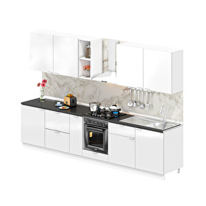 Elsa Serisi 330 Cm Beyaz Fırın Ve Çekmece Modüllü Siyah Tezgahlı Hazır Mutfak Ls-330dav-c-st 330 cm