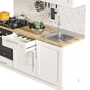 Pia Beyaz Serisi 180 Cm Beyaz Fırın Modüllü Meşe Tezgahlı Hazır Mutfak Pb-180dav-mt 180 cm