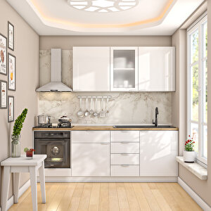 Elsa Serisi 225 Cm Beyaz Fırın Modüllü Meşe Tezgahlı Hazır Mutfak Ls-225dav-mt 225 cm