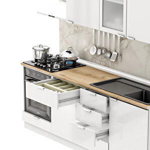 Dekorex Elsa Serisi 225 Cm Beyaz Fırın Modüllü Meşe Tezgahlı Hazır Mutfak Ls-225dav-mt