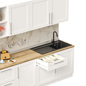 Dekorex Pia Beyaz Serisi 330 Cm Beyaz Fırın Ve Çekmece Modüllü Meşe Tezgahlı Hazır Mutfak Pb-330dav-c-mt