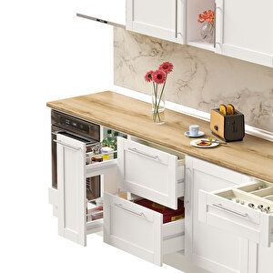 Dekorex Pia Beyaz Serisi 330 Cm Beyaz Fırın Ve Çekmece Modüllü Meşe Tezgahlı Hazır Mutfak Pb-330dav-c-mt