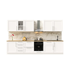 Pia Beyaz Serisi 345 Cm Beyaz Fırın Ve Çekmece Modüllü Meşe Tezgahlı Hazır Mutfak Pb-345dav-c-mt 345 cm