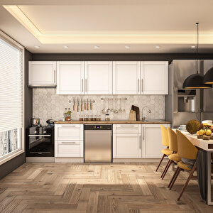 Pia Beyaz Serisi 300 Cm Aspiratör Ve Çekmece Modüllü Meşe Tezgahlı Hazır Mutfak Pb-300asp-bc-mt 300 cm