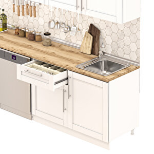 Pia Beyaz Serisi 300 Cm Aspiratör Ve Çekmece Modüllü Meşe Tezgahlı Hazır Mutfak Pb-300asp-bc-mt 300 cm