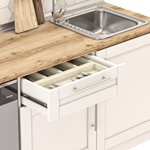 Dekorex Pia Beyaz Serisi 300 Cm Aspiratör Ve Çekmece Modüllü Meşe Tezgahlı Hazır Mutfak Pb-300asp-bc-mt