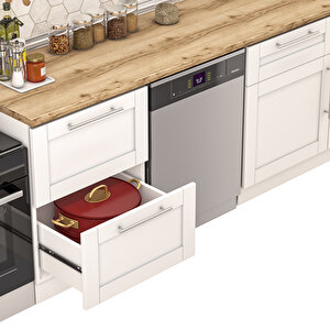 Dekorex Pia Beyaz Serisi 300 Cm Aspiratör Ve Çekmece Modüllü Meşe Tezgahlı Hazır Mutfak Pb-300asp-bc-mt