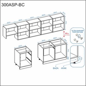 Dekorex Pia Beyaz Serisi 300 Cm Aspiratör Ve Çekmece Modüllü Meşe Tezgahlı Hazır Mutfak Pb-300asp-bc-mt