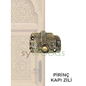 Ev Motif Pirinç Döküm Kapı Zili Dekoratif Motifli Antik Sarı