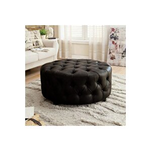 Kapitoneli Yuvarlak Suni Deri Puf/orta Sehpa/75cm Siyah