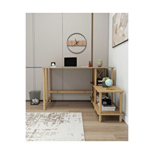 Tavalo Çalışma Masası – Ahşap Ayaklı, Mdf Tabla, Etejerli Ve 2 Raflı, Ofis Ve Ev Için Tasarım