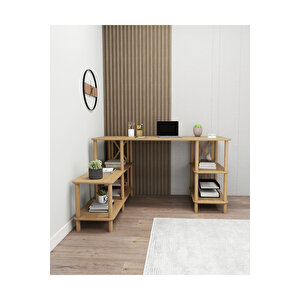 Legno Çalışma Masası: Minimalist Mdf, Ahşap Ayak Ve Yazıcı Rafı