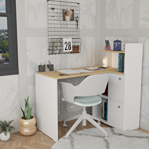 L Çalışma Masası Kitaplıklı Dolaplı Meşe Beyaz