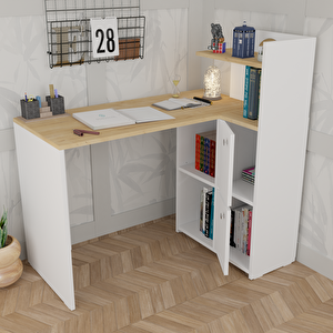 L Çalışma Masası Kitaplıklı Dolaplı Meşe Beyaz