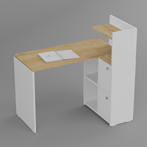 L Çalışma Masası Kitaplıklı Dolaplı Meşe Beyaz