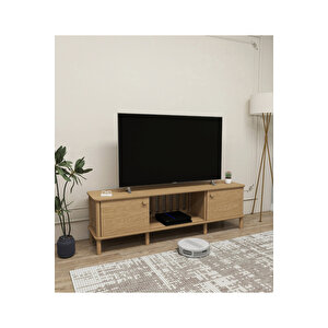 Ontano Tv Ünitesi – 180 Cm – Sürgülü Kapaklı Mdf Lam & Ahşap Ayaklı Modern Tasarım