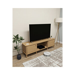 Ontano Tv Ünitesi – 180 Cm – Sürgülü Kapaklı Mdf Lam & Ahşap Ayaklı Modern Tasarım
