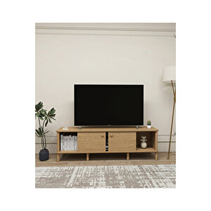 Ontano Tv Ünitesi – 180 Cm – Sürgülü Kapaklı Mdf Lam & Ahşap Ayaklı Modern Tasarım
