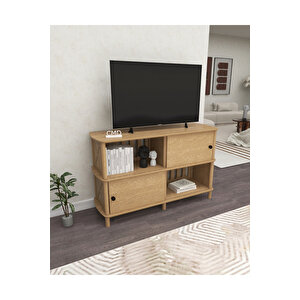 Luno Sürgülü Kapaklı Tv Ünitesi – Ahşap Görünümlü Modern Tasarım | Mdf Lam Gövde, Ahşap Ayaklı