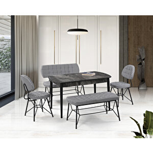 Vegas Siyah Mermer Masa & Gözde Siyah Benç Takımı Takımı Hdr1273 - Md