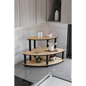 Dekorati̇f Oval Köşe 3 Katli Tezgah Üstü Raf 50 Cm X 50 Cm Safi̇r Meşe