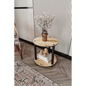 Dekoratif Masi̇vo Ki̇taplik 2 Katlı 34 Çap Yuvarlak Çok Amaçlı Raf Safi̇r Meşe