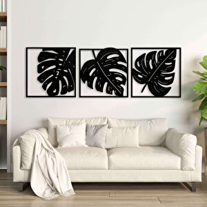 Ahşap Duvar Tablosu, 3 Parça Ahşap Modern Yaprak Duvar Dekoru, Geometrik Desen Duvar Paneli, Siyah 71x71 cm