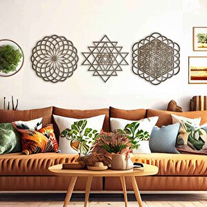 Ahşap Duvar Tablosu, 3 Parça Ahşap Modern Duvar Dekoru, Geometrik Desen Duvar Paneli, Mostar 40,5x40,5 cm