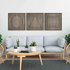 Ahşap Duvar Tablosu, 3 Parça Ahşap Modern Üçgen Kare Oval Duvar Dekoru, Geometrik Desen Duvar Paneli, Akasya 28x28 cm