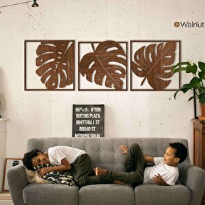 Ahşap Duvar Tablosu, 3 Parça Ahşap Modern Yaprak Duvar Dekoru, Geometrik Desen Duvar Paneli, Ceviz 71x71 cm