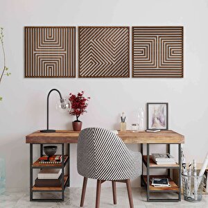Ahşap Duvar Tablosu, 3 Parça Ahşap Modern Yanılsama Duvar Dekoru, Soyut Desen Duvar Paneli, Ceviz 58,5x58,5 cm