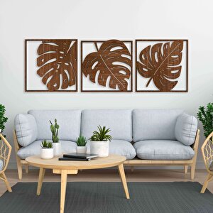 Ahşap Duvar Tablosu, 3 Parça Ahşap Modern Yaprak Duvar Dekoru, Geometrik Desen Duvar Paneli, Ceviz 40,5x40,5 cm