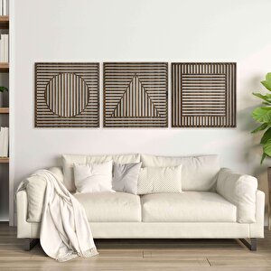 Ahşap Duvar Tablosu, 3 Parça Ahşap Modern Üçgen Kare Oval Duvar Dekoru, Geometrik Desen Duvar Paneli, Akasya 58,5x58,5 cm