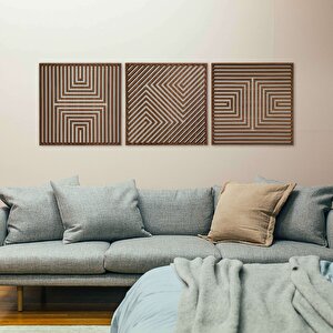 Ahşap Duvar Tablosu, 3 Parça Ahşap Modern Yanılsama Duvar Dekoru, Soyut Desen Duvar Paneli, Ceviz 40,5x40,5 cm