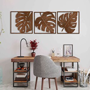 Ahşap Duvar Tablosu, 3 Parça Ahşap Modern Yaprak Duvar Dekoru, Geometrik Desen Duvar Paneli, Ceviz 58,5x58,5 cm