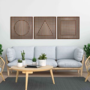 Ahşap Duvar Tablosu, 3 Parça Ahşap Modern Üçgen Kare Oval Duvar Dekoru, Geometrik Desen Duvar Paneli, Ceviz 71x71 cm