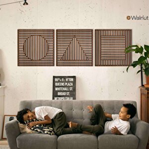 Ahşap Duvar Tablosu, 3 Parça Ahşap Modern Üçgen Kare Oval Duvar Dekoru, Geometrik Desen Duvar Paneli, Ceviz 71x71 cm