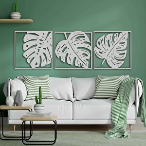Ahşap Duvar Tablosu, 3 Parça Ahşap Modern Yaprak Duvar Dekoru, Geometrik Desen Duvar Paneli, Beyaz 58,5x58,5 cm