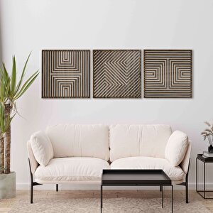 Ahşap Duvar Tablosu, 3 Parça Ahşap Modern Yanılsama Duvar Dekoru, Soyut Desen Duvar Paneli, Akasya 28x28 cm