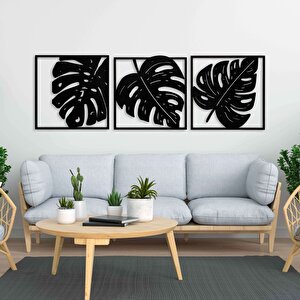 Ahşap Duvar Tablosu, 3 Parça Ahşap Modern Yaprak Duvar Dekoru, Geometrik Desen Duvar Paneli, Siyah 28x28 cm