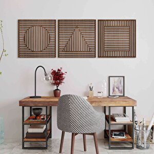 Ahşap Duvar Tablosu, 3 Parça Ahşap Modern Üçgen Kare Oval Duvar Dekoru, Geometrik Desen Duvar Paneli, Ceviz 58,5x58,5 cm