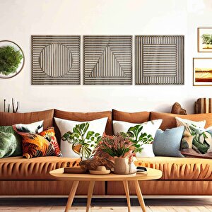 Ahşap Duvar Tablosu, 3 Parça Ahşap Modern Üçgen Kare Oval Duvar Dekoru, Geometrik Desen Duvar Paneli, Mostar 71x71 cm