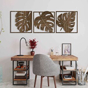 Ahşap Duvar Tablosu, 3 Parça Ahşap Modern Yaprak Duvar Dekoru, Geometrik Desen Duvar Paneli, Akasya 71x71 cm