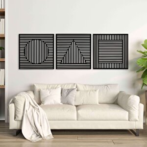 Ahşap Duvar Tablosu, 3 Parça Ahşap Modern Üçgen Kare Oval Duvar Dekoru, Geometrik Desen Duvar Paneli, Siyah 71x71 cm