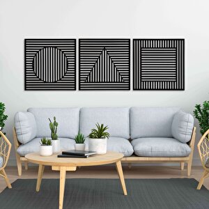 Ahşap Duvar Tablosu, 3 Parça Ahşap Modern Üçgen Kare Oval Duvar Dekoru, Geometrik Desen Duvar Paneli, Siyah 71x71 cm
